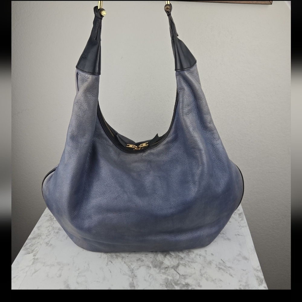 India Hicks Navy Blue Leather Hobo Bag with Black Trim
